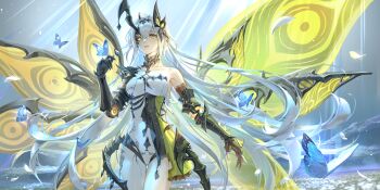 1girl absurdres bare_shoulders blue_butterfly breasts bug butterfly butterfly_on_hand chinese_commentary commentary_request crying crying_with_eyes_open dress duet_night_abyss green_dress green_eyes hair_ornament hand_up heterochromia highres insect insect_wings large_breasts leotard long_hair mutation official_alternate_hair_length official_alternate_hairstyle oversized_wings parted_lips psyche_(duet_night_abyss) solo spoilers tears thighs torn_clothes torn_dress very_long_hair white_hair white_leotard wings xi_liu yellow_eyes