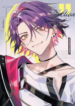 1boy belt black_belt black_choker black_jacket chain character_name chest_belt choker closed_mouth collarbone colored_inner_hair ear_piercing earrings english_text fang hair_between_eyes hashtag-only_commentary head_tilt highres jacket jewelry looking_at_viewer male_focus manomenou multicolored_hair nijisanji o-ring off_shoulder open_clothes open_jacket piercing pink_hair portrait purple_hair shirt short_hair smile solo two-tone_hair upper_body virtual_youtuber watarai_hibari watarai_hibari_(1st_costume) white_shirt yellow_eyes