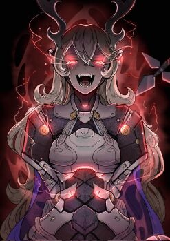 1girl ailheim android armor aura blue_cape breasts cape commentary dark_aura dragon_girl dragon_horns english_commentary female_corrin_(fate_dragon)_(fire_emblem) female_corrin_(fire_emblem) fire_emblem fire_emblem_fates fire_emblem_shadows glowing glowing_eyes grey_hair hair_between_eyes highres horns long_hair looking_at_viewer mechanical_arms nintendo open_mouth red_eyes robot robot_girl slit_pupils solo upper_body