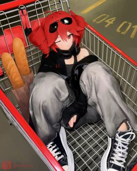 absurdres baguette blush bread commentary drill_hair english_commentary eyewear_on_head food headphones highres jacket kasane_teto parking_lot ramen_lin red_hair red_trim shoes shopping_cart shoulder_belt single_bare_shoulder sitting sneakers sunglasses twin_drills utau