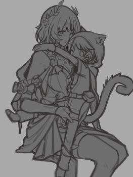 2girls age_difference aglaea_(honkai:_star_rail) animal_ear_fluff animal_ear_hood animal_ears arms_around_neck bare_legs belt belt_pouch breasts brooch cat_ears cat_girl cat_tail cipher_(honkai:_star_rail) cipher_(in_pursuit_of_the_wind)_(honkai:_star_rail) cleavage clothed_sex dress fake_animal_ears fingering flower flower_brooch gloves hair_flower hair_ornament hand_on_another&#039;s_shoulder hand_under_clothes hand_under_shorts highres honkai:_star_rail honkai_(series) hood hood_up jewelry laurel_crown loli monochrome multiple_girls necklace on_lap onee-loli pouch sapo_(bananilsonfarofa) short_hair shorts sitting sketch spread_legs tail tunic yuri