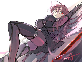 1girl arm_up armor armpits black_bodysuit bodysuit breasts covered_navel fate/grand_order fate_(series) hair_between_eyes hair_intakes hashtag-only_commentary highres ikka_(theworl35753194) long_hair looking_at_viewer lying on_back polearm purple_bodysuit purple_hair red_eyes scathach_(fate) scathach_(lancer)_(fate) shoulder_armor simple_background solo spear weapon