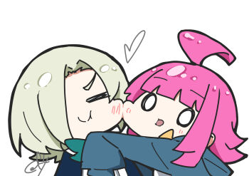 Rule 34 | 0 0, 2girls, :o, = =, absurdres, ahoge, blue jacket, blunt bangs, blush, bow, bowtie, c:, cheek-to-cheek, chibi, chibi only, closed mouth, commentary, green bow, green bowtie, grey hair, hair over one eye, happy, hashtag-only commentary, heads together, heart, highres, hood, hooded jacket, jacket, kishimen hair, long sleeves, love live!, love live! nijigasaki high school idol club, mia taylor, multiple girls, one eye covered, oofushi ao, open clothes, open jacket, shirt, sidelocks, sleeves past fingers, sleeves past wrists, smile, split mouth, tennoji rina, v-shaped eyebrows, white shirt