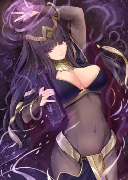 1girl black_bridal_gauntlets bodystocking book bracelet breasts bridal_gauntlets cleavage closed_mouth commentary_request covered_navel fire_emblem fire_emblem_awakening hime_cut jewelry kirishima_satoshi large_breasts leotard long_hair nintendo pelvic_curtain purple_eyes purple_hair revision see-through_bridal_gauntlets solo tharja_(fire_emblem)