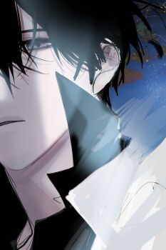 1boy absurdres black_eyes black_hair black_shirt close-up coat collared_shirt commentary_request constellation hair_between_eyes hayu_beck highres kim_dokja korean_commentary looking_at_viewer male_focus night omniscient_reader&#039;s_viewpoint open_clothes open_coat parted_lips popped_collar portrait shirt short_hair sky solo star_(sky) starry_sky white_coat