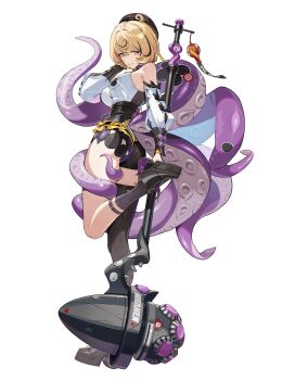 1girl absurdres asymmetrical_legwear bad_source bare_shoulders beret black_hat black_shoes black_socks black_thighhighs blonde_hair bow breasts detached_sleeves full_body hand_up hat high-waist_shorts highres holding holding_weapon knee_strap kneehighs looking_at_viewer medium_breasts monster_girl multicolored_eyes official_art parted_lips scylla shoes short_hair shorts sideboob simple_background smile socks solo standing standing_on_one_leg tentacle_girl tentacles thighhighs transparent_background uneven_legwear weapon yidhari_murphy zenless_zone_zero