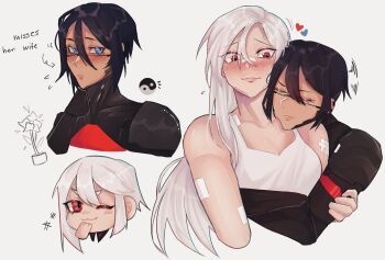 2girls :t ;3 ariane_yeong bandaid bandaid_on_arm bandaid_on_face bandaid_on_nose black_hair blue_eyes blush closed_eyes commentary couple cropped_torso elster_(signalis) english_commentary head_on_another's_shoulder head_rest heart highres hug hug_from_behind luft_(luft_sch) multiple_girls multiple_views one_eye_closed red_eyes short_hair signalis simple_background skin_seams smile white_background white_hair yin_yang yuri