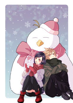 Rule 34 | 1boy, 1girl, babigonice, bike shorts, bike shorts under skirt, black hair, black pants, black scarf, black skirt, black thighhighs, blonde hair, blue eyes, blush, boots, border, breath, cloud strife, coat, commentary, fat chocobo, final fantasy, final fantasy vii, final fantasy vii remake, gloves, highres, knees up, long hair, miniskirt, open mouth, outdoors, outside border, pants, red boots, red eyes, red gloves, red scarf, scarf, sitting, skirt, snow, snowflakes, snowing, snowman, spiked hair, symbol-only commentary, thighhighs, tifa lockhart, white border, white coat, winter clothes