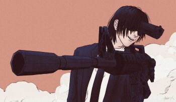 Rule 34 | 1boy, assault rifle, black hair, black jacket, black necktie, brown background, chainsaw man, collared shirt, film grain, formal clothes, gun, gun devil (chainsaw man), handgun, hayakawa aki, highres, jacket, male focus, necktie, nenashibito, open mouth, aiming, rifle, shirt, short hair, simple background, smile, smoke, solo, suit, suit jacket, weapon, white shirt