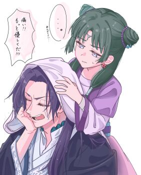 Rule 34 | ..., 1boy, 1girl, black robe, blue eyes, chinese clothes, circlet, closed eyes, commentary request, cone hair bun, double bun, dress, drying, drying another's hair, drying hair, earrings, flower earrings, furrowed brow, hair bun, hair over shoulder, half updo, head on hand, highres, jewelry, jinshi (kusuriya no hitorigoto), koharusame, kusuriya no hitorigoto, maomao (kusuriya no hitorigoto), open mouth, parted bangs, parted lips, purple dress, robe, spoken ellipsis, sweat, towel, towel on head, upper body, wet, wet hair, white background