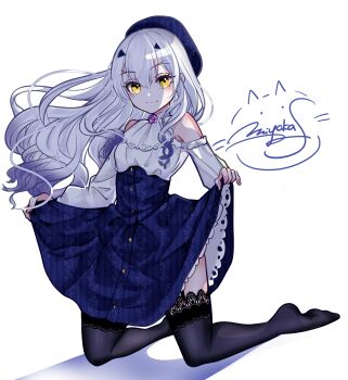 1girl absurdres alternate_costume ascot bare_shoulders beret black_garter_straps black_thighhighs blue_hat blue_skirt blush breasts clothes_lift collar colored_tips detached_collar dragon_horns facing_viewer fate/grand_order fate_(series) forked_eyebrows frilled_ascot frilled_shirt frilled_skirt frilled_thigh_strap frills full_body garter_straps gold_buttons hat high-waist_skirt highres horns lifting_own_clothes light_smile long_hair long_sleeves looking_at_viewer melusine_(fate) miyaka_(58305841) multicolored_hair off-shoulder_shirt off_shoulder shirt sidelocks simple_background skirt skirt_lift small_breasts smile solo striped_clothes striped_skirt thigh_strap thighhighs white_ascot white_background white_collar white_hair white_shirt yellow_eyes