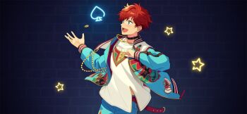 Rule 34 | 1boy, amagi hiiro, belt, black choker, blue eyes, choker, clenched hand, coin, crew neck, earrings, ensemble stars!, game cg, gold necklace, hands up, happy elements, heart, jacket, jewelry, layered clothes, long sleeves, male focus, necklace, official art, open clothes, open hand, open jacket, open mouth, red hair, shirt, short hair, smile, solo, spade (shape), star (symbol), surprising thanks!! (ensemble stars!), teeth, third-party source, upper body, upper teeth only, variant set, white shirt, zipper pull tab
