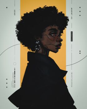 1girl absurdres android black_coat black_hair closed_mouth coat commentary dark-skinned_female dark_skin earrings english_commentary from_side highres jewelry lips looking_ahead nose original realistic red_eyes short_hair solo titanartx two-tone_background upper_body white_background yellow_background