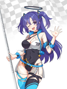 1girl absurdres asymmetrical_legwear black_choker blue_archive blue_eyes blue_hair blue_komett breasts checkered_background choker criss-cross_halter halo halterneck highleg highleg_leotard highres jacket large_breasts leotard mechanical_halo miniskirt mismatched_legwear mismatched_thighhighs multicolored_leotard one_eye_closed open_mouth race_queen see-through-skirt see-through_clothes see-through_jacket skirt smile solo teeth thighhighs two-tone_leotard two_side_up upper_teeth_only waving yuuka_(blue_archive)