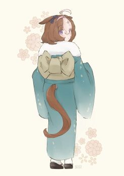 Rule 34 | 1girl, ahoge, animal ears, blue kimono, blue ribbon, bow, brown background, brown hair, closed eyes, clothing cutout, commentary request, ear ribbon, flower, from behind, full body, fur-trimmed kimono, fur trim, hair between eyes, hairband, highres, horse ears, horse girl, horse tail, japanese clothes, kimono, looking at viewer, looking back, medium hair, meisho doto (umamusume), multicolored hair, obi, pink hairband, purple eyes, ribbon, sakuramon, sandals, sash, solo, streaked hair, tabi, tail, tail through clothes, umamusume, white hair, wide sleeves, zouri, zuuzuu