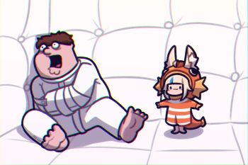1boy 1girl :3 animal_ear_fluff animal_ears barefoot blonde_hair blue_eyes blue_hair brown_hair bulging_eyes bunbbun cat_ears chibi chromatic_aberration commentary crossover english_commentary family_guy fish_costume full_body indie_virtual_youtuber indoors messy_hair open_mouth outstretched_arms padded_room peter_griffin sameko_saba spread_arms standing straitjacket t-pose