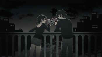 1boy 1girl absurdres against_railing andrew_graves antenna_hair ashley_graves black_choker black_hair black_shirt black_sweater blood brother_and_sister chinese_commentary choker closed_mouth cloud commentary_request cowboy_shot eye_contact from_behind grey_pants grey_shorts grin highres holding holding_skull long_sleeves looking_at_another low_ponytail night outdoors pants ponytail profile railing shirt short_hair short_shorts shorts siblings skull sleeves_past_wrists smile spoilers standing sweater the_coffin_of_andy_and_leyley twitter_username vignetting zayaaa_zaya