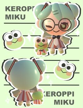 1girl 3d alternate_costume alternate_hairstyle blush chibi chibi_only detached_sleeves frog glasses hasunoue_keroppi hatsune_miku highres kero_kero_keroppi lavy_(lavnko) one_eye_closed outline round_eyewear sanrio smile vocaloid white_outline