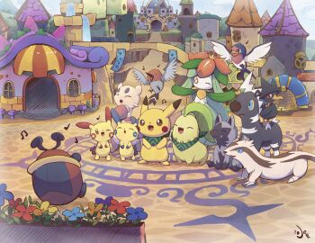 aquabluu blitzle blue_flower building chikorita closed_eyes fletchling flower flying gen_1_pokemon gen_2_pokemon gen_3_pokemon gen_4_pokemon gen_5_pokemon gen_6_pokemon highres kricketot lilligant linoone mienfoo minun murkrow musical_note nintendo no_humans one_eye_closed open_mouth outdoors pikachu plusle pokemon pokemon_(creature) pokemon_mystery_dungeon pokemon_super_mystery_dungeon red_flower taillow yellow_flower