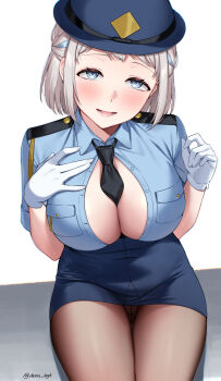 1girl between_breasts black_necktie blue_eyes blue_hat blue_shirt blush breasts cleavage commentary commentary_request commission deras english_commentary gakuen_idolmaster gloves grey_hair hat highres idolmaster katsuragi_lilja large_breasts looking_at_viewer mixed-language_commentary necktie necktie_between_breasts open_mouth police police_uniform policewoman shirt short_hair short_sleeves smile solo thighs twitter_username white_gloves