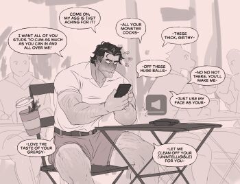 1boy 3others absurdres arm_hair bara blush cup embarrassed english_text facial_hair ghangaji highres holding holding_phone leg_hair looking_at_phone male_focus monochrome multiple_others muscular muscular_male original phone shorts sitting sketch solo_focus spilling stubble v-neck wide-eyed