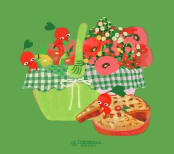 Rule 34 | apple, apple pie, artist name, basket, commentary, creature, creature focus, flower, food, franchescovaccari, fruit, green background, holding, leaf, looking at another, looking to the side, nintendo, picnic basket, pie, pie slice, pikmin (creature), pikmin (series), pink flower, red flower, red pikmin, sideways glance, simple background, white flower, yellow flower
