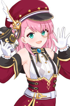 1girl :d absurdres aqua_eyes bare_shoulders belt black_bow black_bowtie bow bowtie brooch camera charlotte_(genshin_impact) commentary detached_sleeves genshin_impact gloves hands_up hat highres holding holding_camera jewelry kurusuzu long_sleeves looking_at_viewer newsboy_cap open_mouth pink_hair red_hat shirt short_hair simple_background sleeveless sleeveless_shirt smile solo suspenders upper_body white_background white_belt white_gloves white_shirt