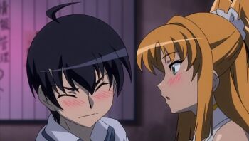 Rule 34 | 1boy, 1girl, animated, arms around neck, aroused, assertive female, blue eyes, blue hair, blush, closed eyes, clothes grab, fingerless gloves, flirting, from side, futaba lili ramses, gloves, grabbing another's shirt, green eyes, hair ribbon, half-closed eyes, hand on another's head, hands on another's face, highres, horns, hug, leotard, looking at another, medium hair, moaning, open mouth, orange hair, parted lips, ribbon, school uniform, seductive gaze, shirt, short hair, smile, surprised, tachibana ichirou, tagme, tan, tentacle and witches, tongue, twintails, two side up, video