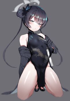 1girl black_dress blue_archive blush braid braided_bun china_dress chinese_clothes double_bun dragon_print dress grey_eyes hair_bun halo highres kisaki_(blue_archive) kneeling long_hair looking_at_viewer measuring ruler solo spread_legs teriibol