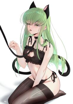1girl :p absurdres animal_ears black_bra black_collar black_thighhighs bra breasts budgiepon c.c. cat_cutout cat_ears cat_lingerie cat_tail cleavage_cutout clothing_cutout code_geass collar commentary_request green_hair highres leash medium_breasts solo tail thighhighs tongue tongue_out underwear yellow_eyes