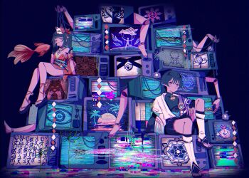 1boy 1girl absurdres arm_at_side arm_support armor armpit_crease bare_shoulders bell black_background black_bodysuit black_bridal_gauntlets black_choker black_gloves black_hair black_leggings black_sandals blue_gemstone blue_kimono blue_sleeves blunt_ends bodysuit breasts bridal_gauntlets bright_pupils cable cape chinese_knot choker cleavage closed_mouth collarbone colored_inner_hair crt disembodied_hand doll_joints eyelashes eyeliner eyeshadow fish flower footwear_bell fox_mask furisode gem genshin_impact gloves gold gold_ring goldfish grey_trim hair_bell hair_ornament han'eri hand_on_own_thigh hand_up heart highres honkai:_star_rail honkai_(series) in-franchise_crossover index_finger_raised japanese_armor japanese_clothes jingle_bell joints kimono kimono_skirt knee_up kote kurokote layered_kimono layered_sleeves leg_warmers leggings looking_at_viewer makeup mandala mandarin_collar mask middle_ring mitsudomoe_(shape) mole mole_under_eye moon multicolored_hair neck_bell o-ring o-ring_top obi obijime okobo on_television open_clothes open_kimono parted_lips pink_nails platform_sandals pom_pom_(clothes) puppet_strings purple_cape purple_eyes purple_hair purple_rope red_eyeliner red_eyeshadow red_kimono ringed_eyes rope sandals sash scaramouche_(genshin_impact) short_sleeves shoulder_peek sidelocks silhouette sky smile sparkle_(honkai:_star_rail) star_(sky) starry_sky static stirrup_legwear television toeless_legwear toes tomoe_(symbol) tree tukineko222 twintails uneven_eyes vision_(genshin_impact) wanderer_(genshin_impact) white_kimono white_leg_warmers white_mouth white_pupils white_sleeves white_trim yellow_eyes yukata zouri