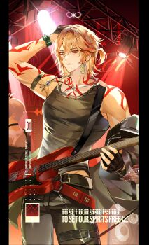 1boy absurdres belt black_belt black_gloves black_pants black_tank_top blonde_hair cowboy_shot earrings electric_guitar english_text fingerless_gloves gloves gradient_hair guitar hair_between_eyes hand_on_own_head hashtag-only_commentary highres holding holding_guitar holding_instrument honkai:_star_rail honkai_(series) instrument jewelry looking_at_viewer maikang0987 male_focus multicolored_hair mydei_(honkai:_star_rail) necklace pants parted_lips pillarboxed red_eyes red_hair short_hair solo speaker stage stage_lights tank_top tattoo two-tone_hair