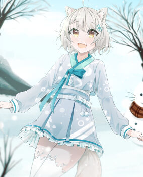 1girl animal_ears commentary_request frilled_skirt frills hanbok highres korean_clothes open_mouth original ridario_(eag0003) short_hair skirt smile snowman tail thighhighs tree white_hair white_thighhighs winter yellow_eyes