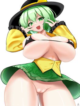 1girl absurdres alternate_breast_size_(larger) bikini black_bikini black_hat blush bottomless breasts breasts_out bright_pupils cameltoe cleavage commentary_request cowboy_shot double_v green_eyes green_hair green_skirt groin hat highres huge_breasts komeiji_koishi long_sleeves looking_at_viewer micro_bikini no_panties nuekane open_mouth short_hair simple_background skirt smile solo swimsuit touhou v variant_set white_background white_pupils