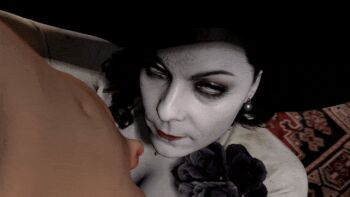 1boy 1girl age_difference alcina_dimitrescu animated animated_gif assertive_female black_hair breasts cleavage clothed_female_nude_male developing_erection dress eyeshadow fellatio hat hetero huge_breasts large_breasts lipstick makeup nude onee-shota oral pale_skin penis resident_evil resident_evil_village shota small_penis sun_hat yellowbea