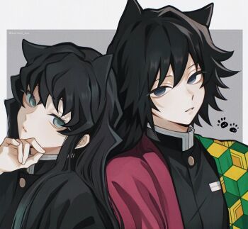 2boys animal_ears aqua_eyes aqua_hair black_hair black_jacket blue_eyes buttons cat_boy cat_ears demon_slayer_uniform empty_eyes gold_buttons hair_between_eyes hand_up haori high_collar highres jacket japanese_clothes kikkoumon kimetsu_no_yaiba long_hair long_sidelocks looking_at_viewer low_ponytail male_focus multicolored_hair multiple_boys ponytail print_haori red_haori sidelocks spiked_hair susimesi_sun tokitou_muichirou tomioka_giyuu two-tone_hair