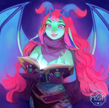 Rule 34 | 1girl, animal ears, animositl, aurora (dollightful), book, borrowed character, bottle, claws, colored skin, dollightful, dragon ears, dragon girl, dragon horns, dragon wings, fang, green skin, grin, highres, holding, holding book, horns, long hair, neckerchief, pink hair, pink lips, purple eyes, scales, smile, solo, teeth, topless female, watermark, wavy hair, wings
