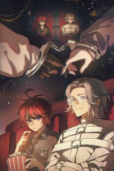 2boys ahoge aotsuki_eito black_gloves black_shirt blue_eyes bound bound_arms breast_pocket chinese_commentary commentary_request cuffs eating food glasses gloves grey_hair handcuffs highres holding holding_food jacket male_focus movie_theater multicolored_hair multiple_boys multiple_views pocket police police_uniform policeman popcorn purple_eyes radio red_hair sevenleaves7 shared_handcuffs shirt short_hair sitting smile straitjacket streaked_hair sumino_takumi sweatdrop the_hundred_line_-last_defense_academy- theater_seating white_jacket