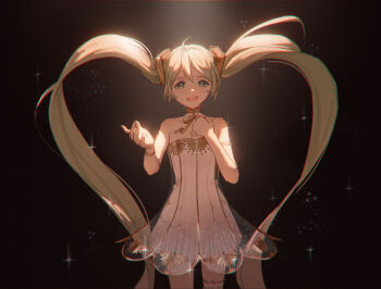 1girl absurdres ahoge armlet bare_shoulders black_background collarbone dress gold_armlet gramophone_miku green_eyes green_hair hair_between_eyes hair_ornament hatsune_miku highres lewen_laura long_hair looking_at_viewer miku_symphony_(vocaloid) official_alternate_costume official_alternate_hairstyle open_mouth short_dress smile solo strapless strapless_dress thighhighs tutu twintails very_long_hair white_dress white_thighhighs
