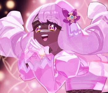 Rule 34 | 1girl, bent over, bow, cowboy shot, dark skin, dress, fascinator, fishnet pantyhose, fishnets, glove bow, gloves, hair ornament, hands up, jacinthe (pokemon), juliet sleeves, long sleeves, looking at viewer, low drills, mega stone, moettimae, nintendo, open mouth, own hands together, pantyhose, pokemon, pokemon legends: z-a, puffy sleeves, purple dress, purple eyes, purple hair, smile, steepled fingers, teeth, upper teeth only, very dark skin, white gloves, yellow bow