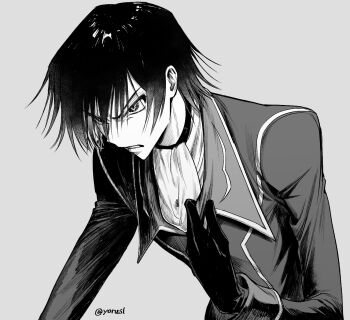 1boy angry ascot clenched_teeth code_geass geass gloves greyscale hair_over_one_eye jacket lelouch_vi_britannia looking_ahead male_focus monochrome short_hair simple_background solo teeth twitter_username upper_body v-shaped_eyebrows yorusl
