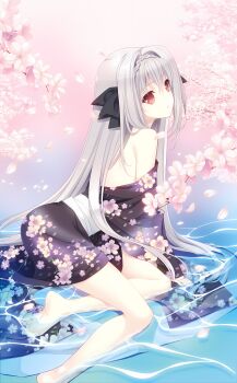 1girl barefoot black_bow bow braid crown_braid floral_print full_body hair_bow hair_intakes highres japanese_clothes kimono long_hair no_bra off_shoulder partially_submerged petals red_eyes red_hair sakurakouji_luna silver_hair solo suzuhira_hiro tsuki_ni_yorisou_otome_no_sahou water wet yukata