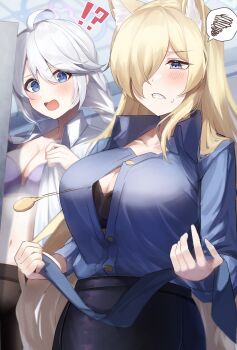 !? 2girls absurdres ahoge black_bra black_skirt blonde_hair blue_archive blue_eyes blue_halo blue_shirt bra braid braided_ponytail breasts buttons cleavage collared_shirt commentary cowboy_shot dress_shirt film_grain frown hair_over_one_eye hair_over_shoulder halo high-waist_skirt highres holding_necktie kanna_(blue_archive) kirino_(blue_archive) large_breasts long_hair long_sleeves looking_down low_ponytail medium_breasts motion_lines multiple_girls navel oiru_(613) one_eye_covered open_clothes open_mouth open_shirt ponytail popped_button purple_bra sharp_teeth shirt sidelocks skirt speech_bubble spoken_squiggle squiggle straight_hair surprised teeth tsurime underwear undressing v-shaped_eyebrows very_long_hair white_hair white_shirt