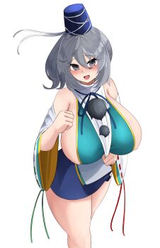 1girl :d absurdres blue_hat blue_skirt blush breasts commentary_request curvy detached_sleeves grey_eyes grey_hair hair_between_eyes hat highres huge_breasts japanese_clothes kariginu legs looking_at_viewer medium_hair mononobe_no_futo open_mouth pom_pom_(clothes) ponytail ribbon-trimmed_sleeves ribbon_trim shinonome_zakuro sideboob simple_background skindentation skirt smile solo tate_eboshi touhou white_background wide_sleeves