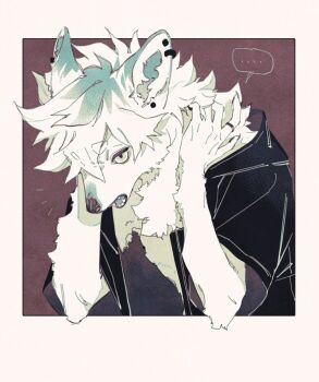 1boy black_jacket body_fur brown_background claws commentary ear_piercing fuji_166 furry furry_male grey_eyes hands_on_own_neck hands_up jacket jewelry looking_at_viewer male_focus open_clothes open_jacket original piercing ring short-sleeved_jacket short_hair short_sleeves solo upper_body white_fur white_hair wolf_boy