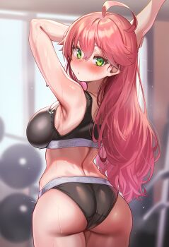 1girl absurdres ahoge alternate_costume arm_up armpits ass blurry blurry_background blush calvin_klein green_eyes hachimedes highres hololive long_hair looking_back pink_hair sakura_miko sweat underwear virtual_youtuber