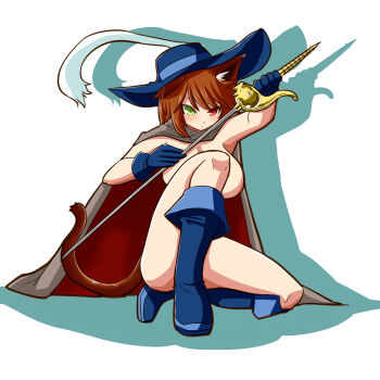 1girl alternate_breast_size_(larger) animal_ears blue_boots blue_gloves blue_hat blush boots breasts brown_hair cape cat_ears cat_girl cat_tail closed_mouth commentary_request convenient_censoring cosplay expressionless full_body gloves green_eyes grey_cape hat heterochromia highres holding holding_sword holding_weapon itini-sanshi large_breasts looking_at_viewer naked_cape plume puss_in_boots:_the_last_wish puss_in_boots_(shrek) puss_in_boots_(shrek)_(cosplay) red_cape red_eyes rozen_maiden short_hair shrek_(series) simple_background solo souseiseki sword tail two-sided_cape two-sided_fabric weapon white_background