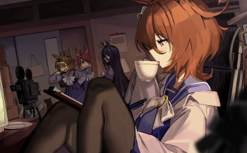 Rule 34 | 4girls, absurdres, agnes tachyon (umamusume), ahoge, animal ears, black hair, black pantyhose, blush, bow, bowtie, braid, breasts, brown eyes, brown hair, checkered ribbon, chemical structure, clipboard, closed eyes, closed mouth, commentary, cup, dantsu flame (umamusume), ear covers, ear ribbon, ear tag, earrings, franz2543, hair between eyes, hair ornament, hairband, hairclip, half up braid, half up half down braid, highres, holding, holding clipboard, holding cup, holding pen, horse ears, horse girl, jewelry, jungle pocket (umamusume), lab coat, long bangs, long hair, long hair between eyes, long sleeves, looking at viewer, manhattan cafe (umamusume), medium hair, multicolored hair, multiple girls, notched ear, open mouth, pantyhose, pen, pink hairband, pleated skirt, purple sailor collar, purple serafuku, purple shirt, purple skirt, red eyes, sailor collar, sailor shirt, school uniform, serafuku, shirt, single earring, sitting, skirt, sleeves past fingers, sleeves past wrists, smile, sweatdrop, tracen school uniform, umamusume, umamusume: beginning of a new era, white bow, white bowtie, white hair, writing, yellow eyes