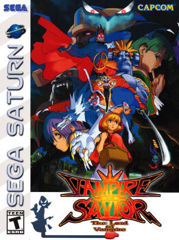 Rule 34 | anakaris, b.b. hood, bare shoulders, basket, bengus, blonde hair, darkstalkers, demitri maximoff, demon girl, fangs, felicia (darkstalkers), finger to mouth, game console, highres, jedah dohma, jon talbain, lilith (darkstalkers), little red riding hood (fairy tale character), lord raptor, morrigan aensland, official art, purple hair, q-bee, red eyes, sasquatch (darkstalkers), sega saturn, vampire, vampire savior: the lord of vampire, victor von gerdenheim, werewolf