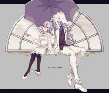 Rule 34 | 1boy, 1girl, animal head, bird boy, black pantyhose, blue hair, caesar (higyaku no noel), demon boy, dress, formal clothes, highres, higyaku no noel, jewelry, jillian littner, nanoko, necklace, off-shoulder dress, off shoulder, pantyhose, purple eyes, shared umbrella, short hair, sitting, suit, umbrella, white suit